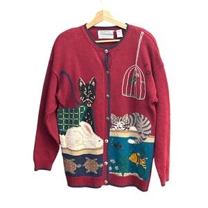 Vintage Cat Rabbit Animal Scene Cardigan Hand Embroidered Cottagecore XL Whimsy